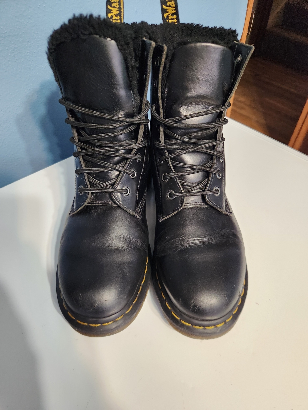Dr. Martens Black Leather Boots with Yellow Stitching